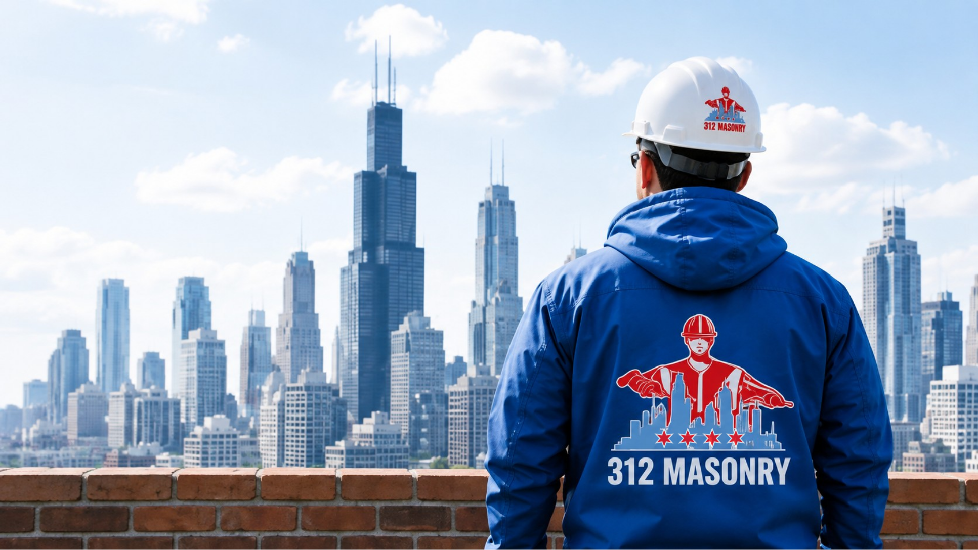 312 Masonry contractor in a branded jacket looking out over the Chicago skyline from a brick parapet