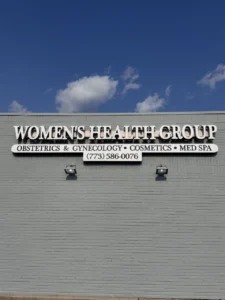 Completed exterior masonry and signage at the new Women's Health Group office building in Chicago